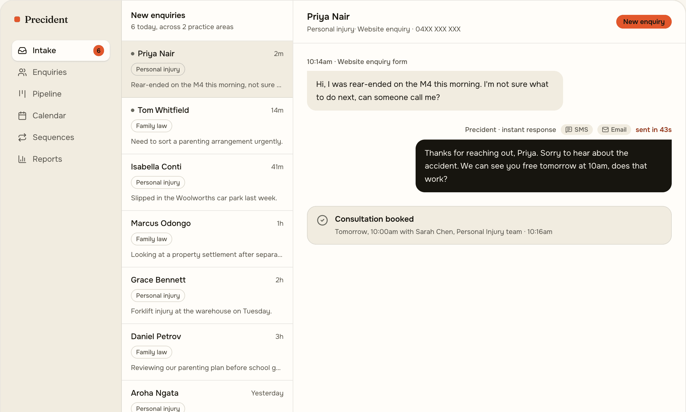 Precident inbox showing a new enquiry answered automatically