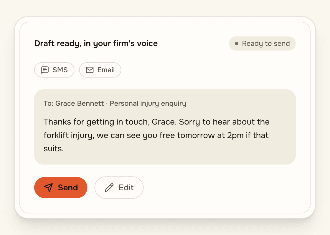 A suggested Precident reply written in the firm's tone of voice